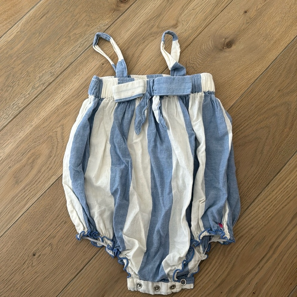 Pink Chicken Blue and White Striped Romper